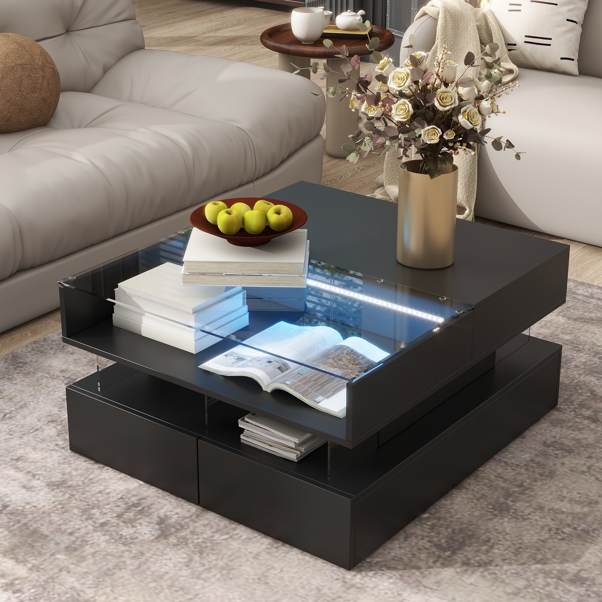 Modern Lift-Top Coffee Table with Tempered Glass Top, End Table Office Table with LED Lighting & Storage Drawers