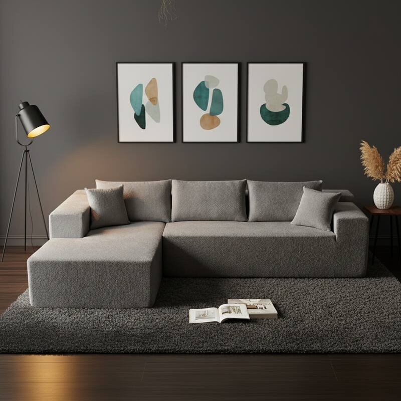 103.54" L-Shaped Modern High-Density Sponge Velvet Modular Sectional Sofa with Chaise & Pillows - Light Grey-Raindrop Velvet - Left Facing