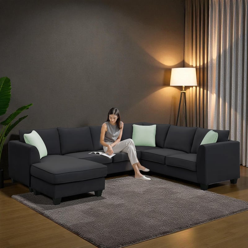 112" x 87" Modular Sectional Sofa 7-Seat L-Shaped Couch with Ottoman Fabric Corner Sofa Set with 3 Pillows for Living Room