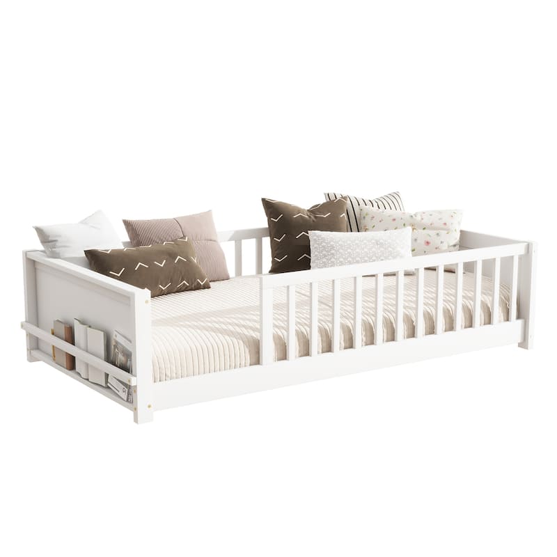 Roomfitters Twin Floor Platform Bed with Built-in Book Rack, Rubber Wood Frame, Low Profile Design with Guardrails