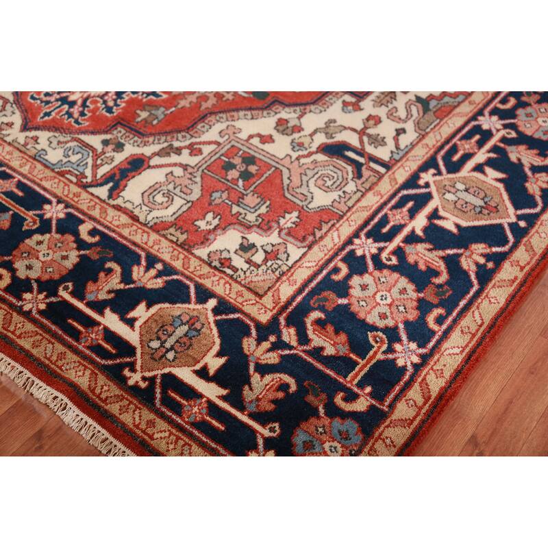Geometric Red Heriz Serapi Oriental Area Rug Handmade Red Wool Carpet - 8'10" x 12'0"
