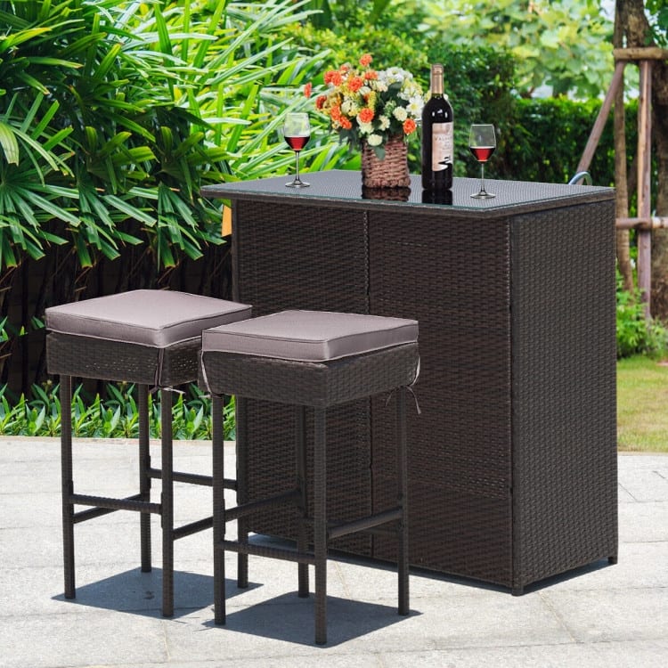 3-Piece Patio Rattan Wicker Bar Set with 2 Cushioned Stools for Outdoor Entertaining - 40" x 24" x 41.5" (L x W x H)