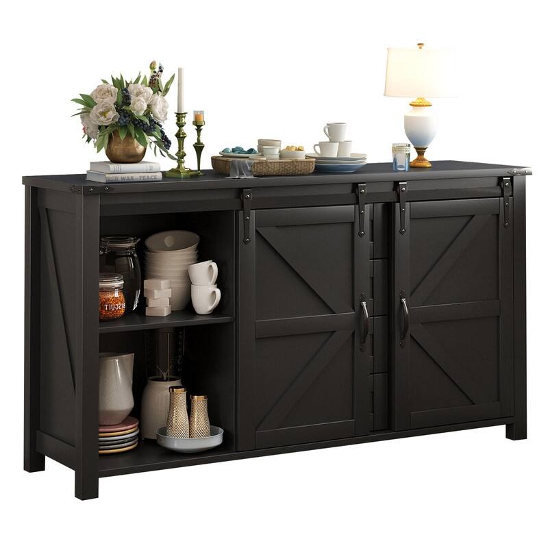 Farmhouse 55.1" Sideboard with Sliding Barn Doors and Storage Drawers, Wood Buffet Table with Power Outlet