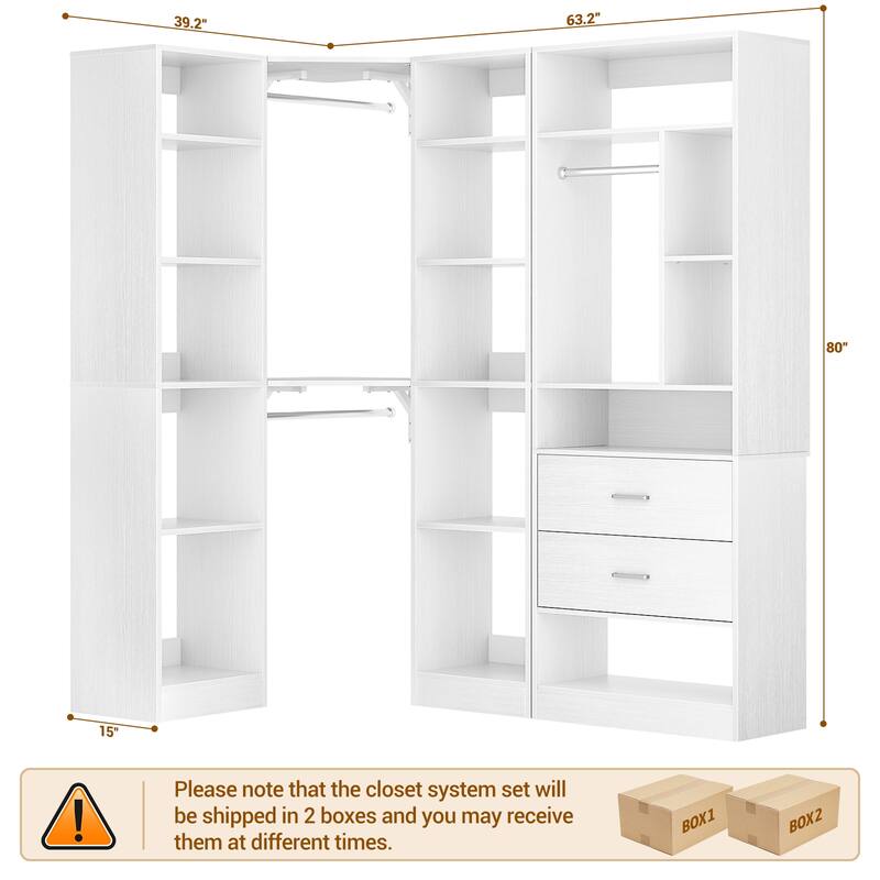 Rackcog 63.2'' W Corner Closet System with 2 Wooden Drawers and 3 Hanging Rods, Walk-in Closet Organizer with 12 Storage Shelves