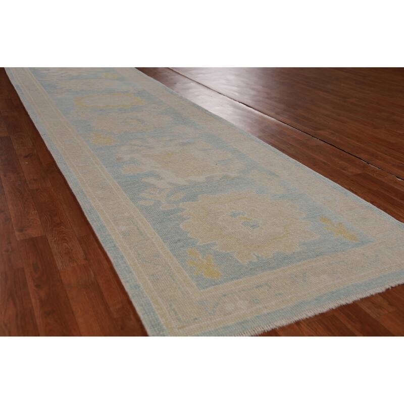 Hand Knotted Oriental 100% Wool Carpet Transitional Floral Navy Blue & Blues Oushak Runner Rug - 13' 6'' X 3' 4''