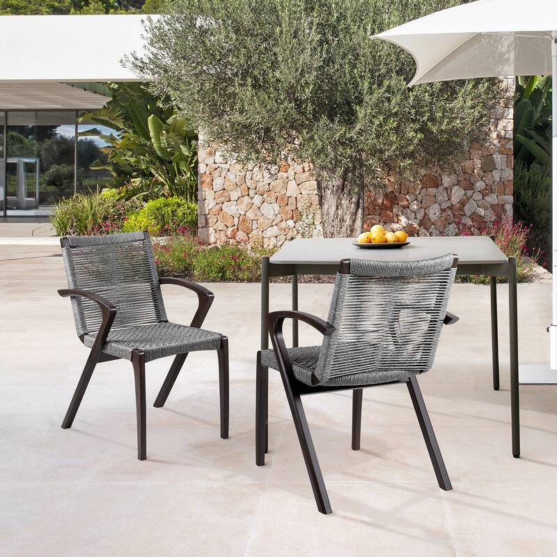 Nabila Solid Eucalyptus Wood & Rope Woven Indoor Outdoor Dining Chairs - Set of 2 - Grey Rope & Dark Eucalyptus