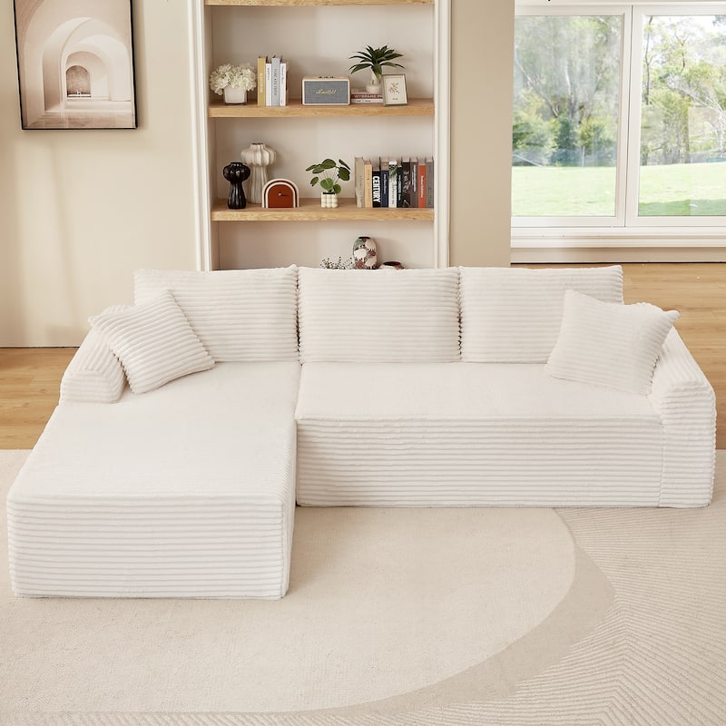 Full-Compression Corduroy Modular Sectional with Armrests & 2 Throw Pillows - Beige