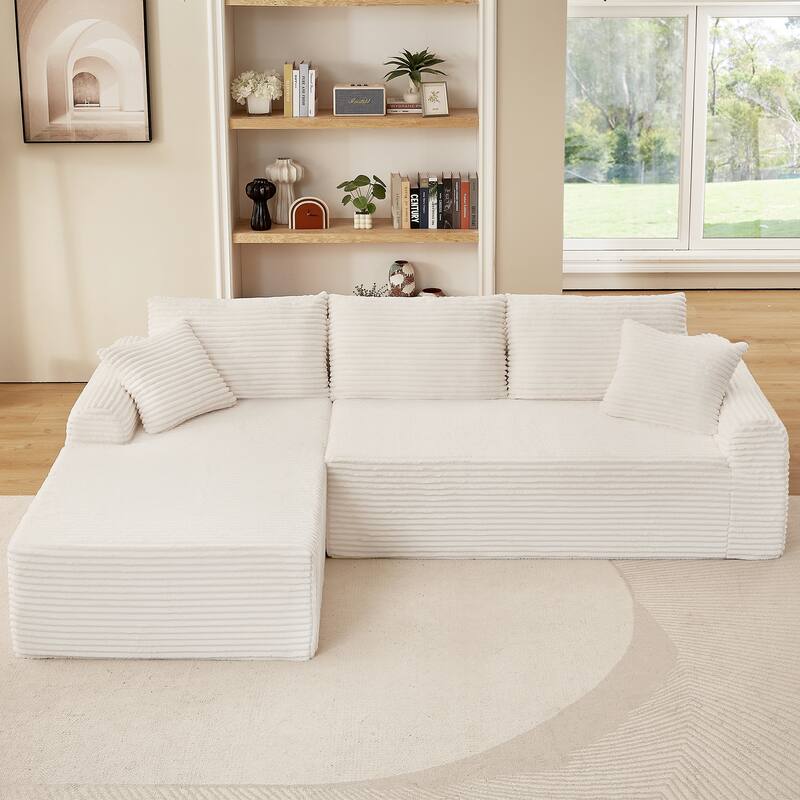 Modular Corduroy Sectional Sofa with Arched Armrests & Pillows, Modern L-Shape Upholstered Couches with Chaise for Apartment - White