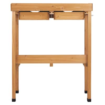 Natural Wood Potting Bench with Metal Top and 2 Drawers Lower Shelf and Hooks for Gardening - 29.8” x 14.6” x 36.4”