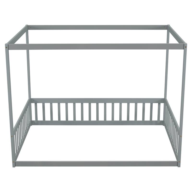 Pine Wood Canopy Frame Floor Bed with Fence and Guardrails for Bedroom
