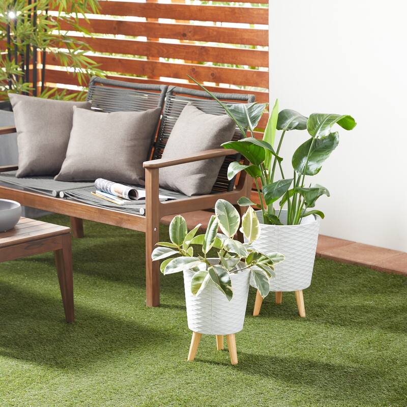 White or Grey Fiber Clay Wood Boho Eclectic Planter (Set of 2) - S/2 14", 16"H - Grey