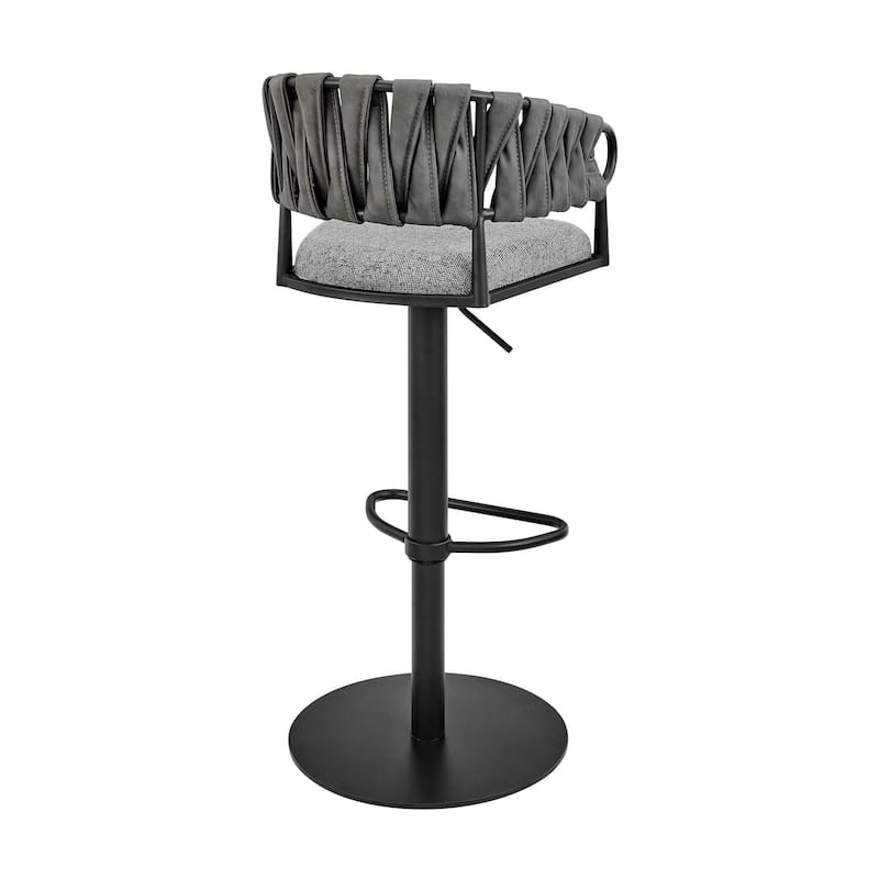 Blaise Adjustable Swivel Bar Stool, Black Metal with Gray Fabric and Faux Leather