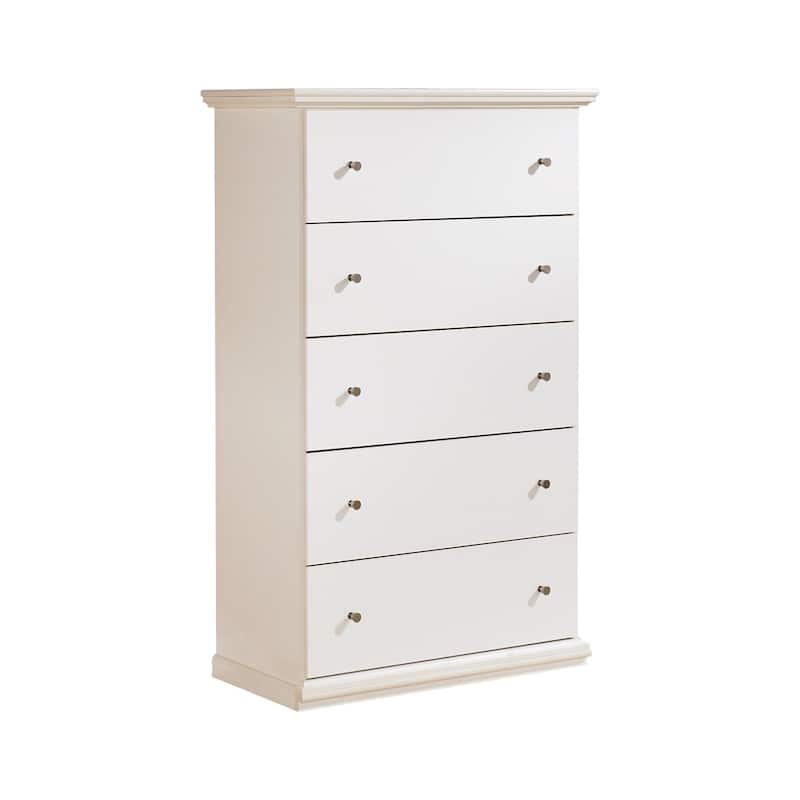 Twik Tall Dresser Chest, 5 Storage Drawers, White Molded Trim Details