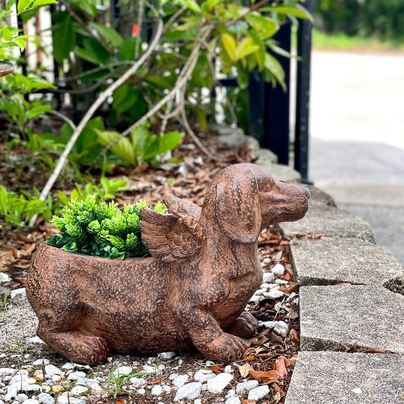 Flying Wiener Dog Planter 18" Brown, With Drain Hole, Rustic Garden - 11 X 18 X 7 inches