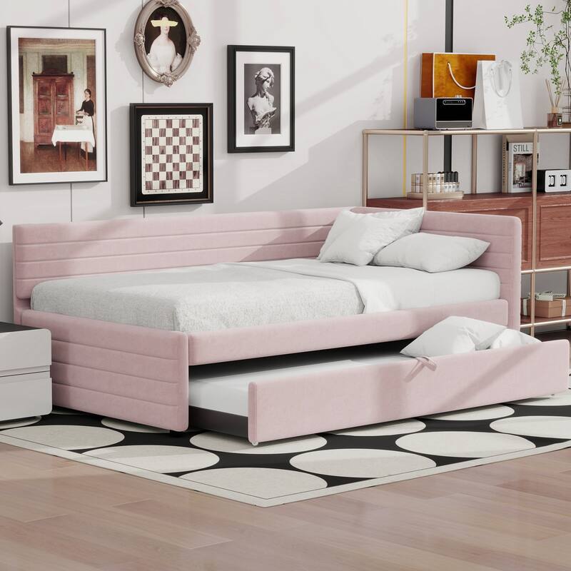 Twin Size Upholstered Daybed with Roll-Out Trundle, Space-Saving Wooden Frame, No Box Spring Needed - Pink with Trundle
