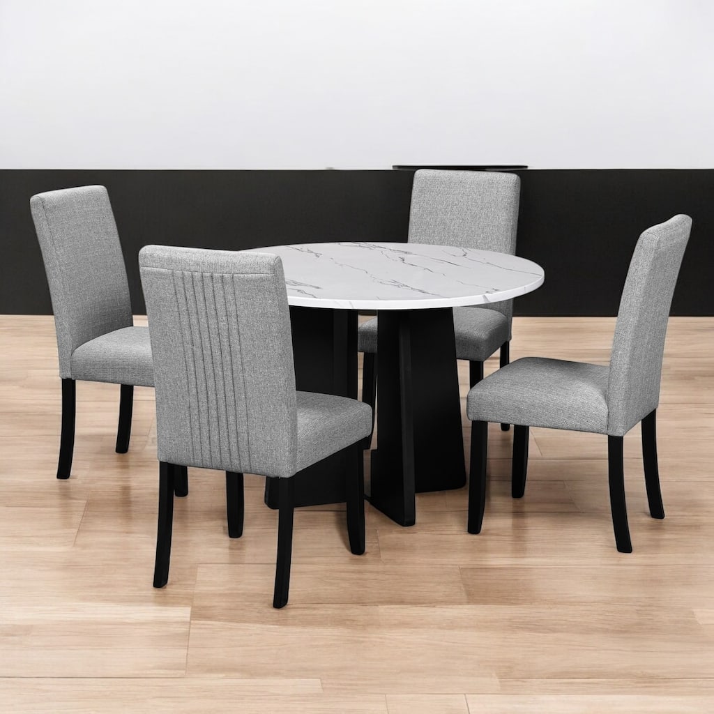 5-Piece Round Dining Table Set, 43-Inch MDF Table with 4 Upholstered Chairs for Kitchen, Dining Room, Living Room