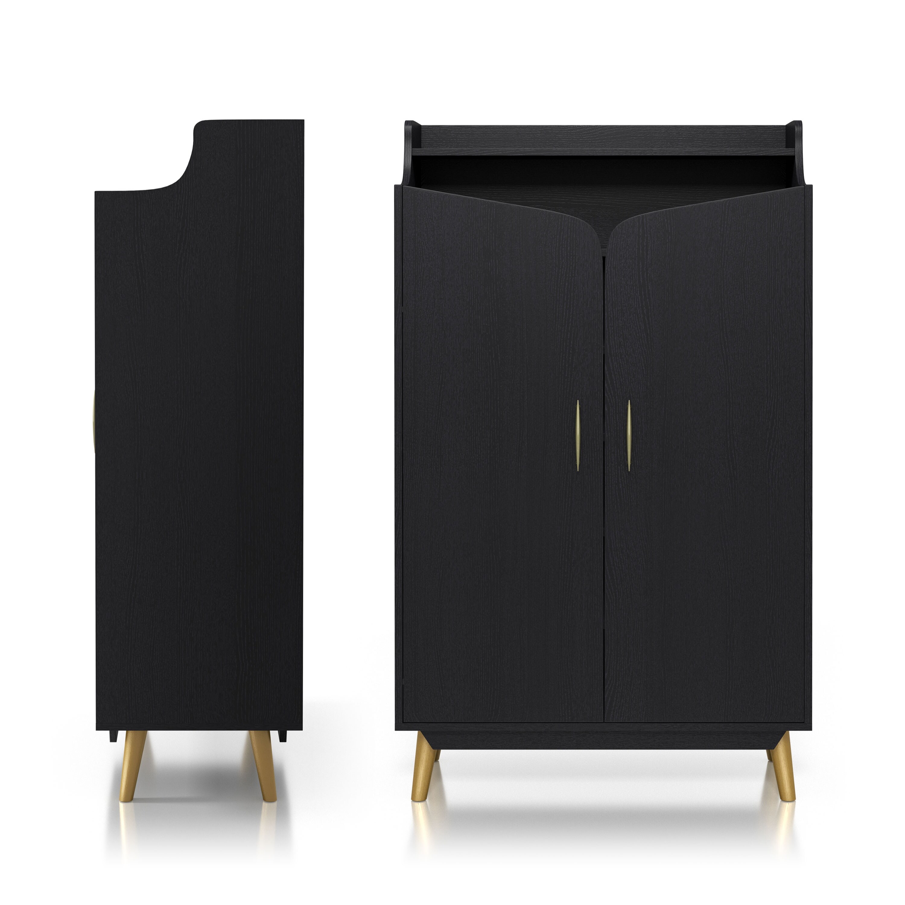 DH BASIC Chic Mid-Century Modern Black with Gold 15-Pair Double-Door Shoe Cabinet by Denhour