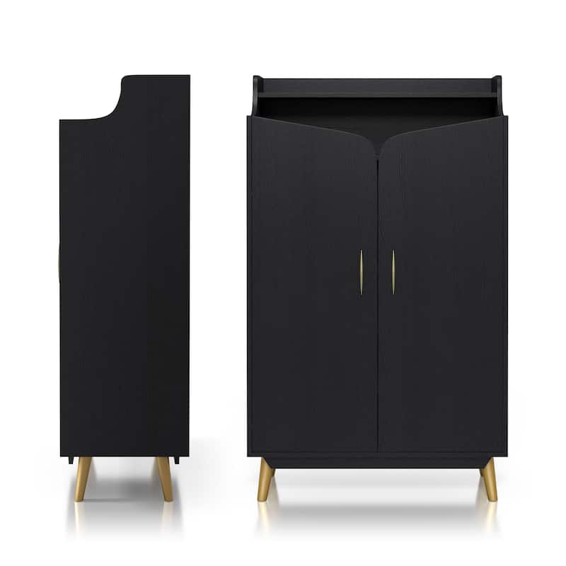 DH BASIC Chic Mid-Century Modern Black with Gold 15-Pair Double-Door Shoe Cabinet by Denhour
