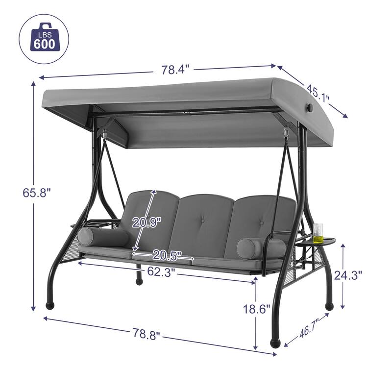 3-Seat Outdoor Porch Swing with Adjustable Canopy & Stand, Convertible Bed, All-Weather, Thickened Cushions & Cup Holders