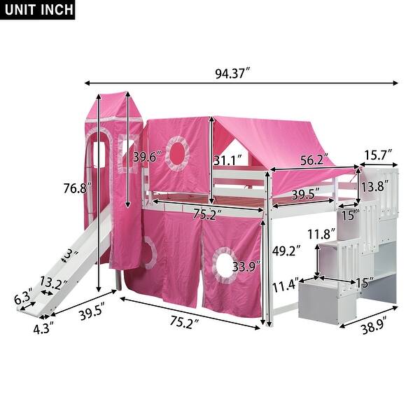 dimension image slide 1 of 2, Playhouse Full Size Bunk Bed with Slide Pink Tent and Tower, Pink