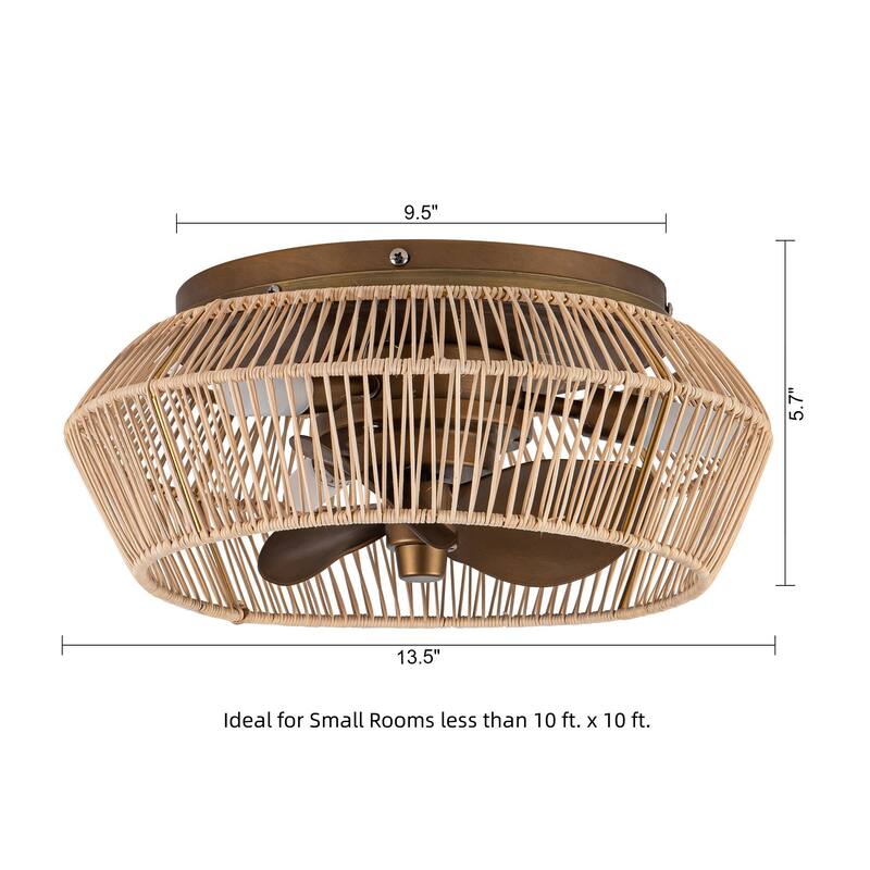 13.5" Coastal Rattan Brushed Bronze Cage Flush Mount Ceiling Fan with Lights