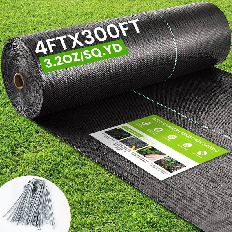4x300ft Heavy-Duty Weed Barrier Fabric with 20 Pegs, 3.2oz - 4X300FT