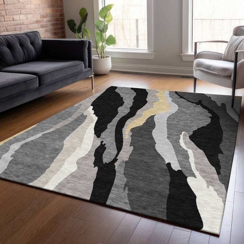 Machine Washable Indoor/ Outdoor Abstract Contemporary Chantille Rug - Black - 8' x 10'