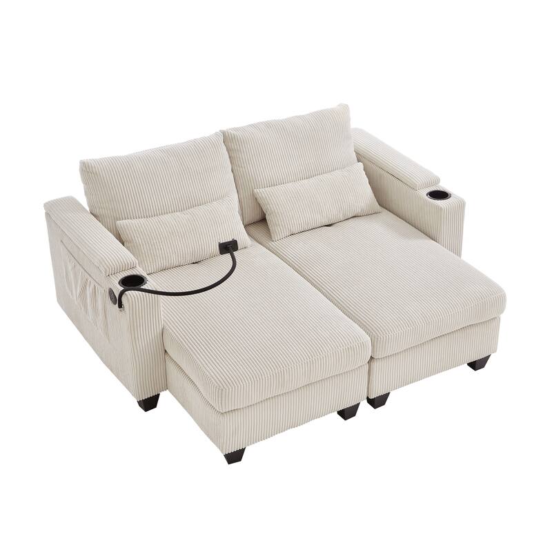 63" Corduroy Convertible Chaise Lounge with USB Ports, Phone Holder, and Storage