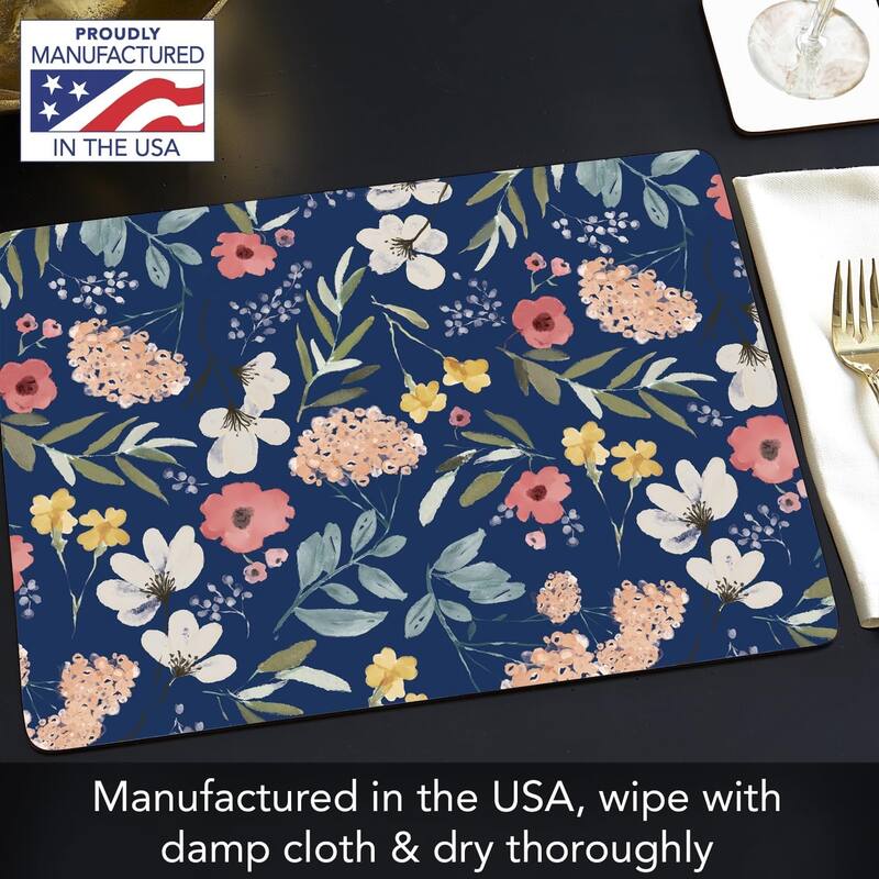 Meadow Blue Decorative Hardboard Placemats with Protective Cork Backing 4 Pack Heat Tolerant and Easily Wipes Clean