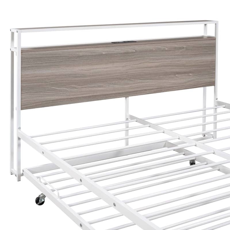 Metal Platform Bed Frame with Trundle & USB Ports