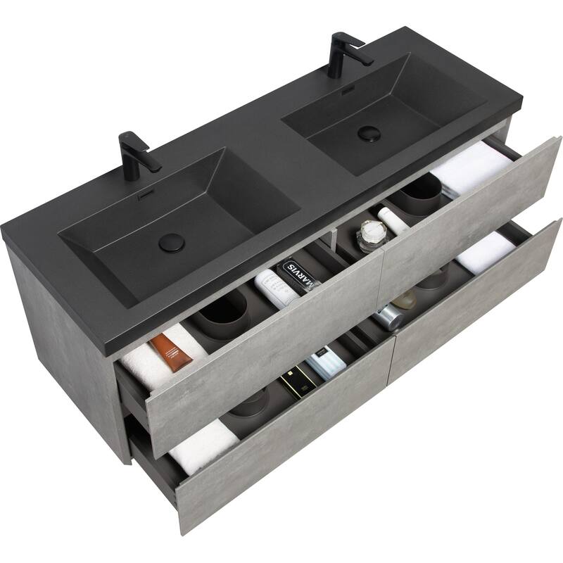 GDFStudio - Carter Floating Bathroom Vanity with Black Quartz Sand Countertops & Soft-Close Drawers