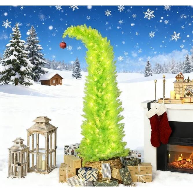 72 INCH Whimsical Christmas Tree, Pencil Xmas Tree with Red Ball, Metal Base, Prelit with 230 LED Lights - Green