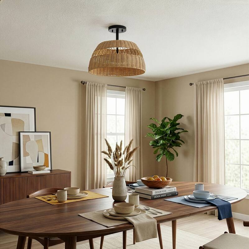Twinre Rattan Semi-Flush Ceiling Light, Farmhouse Double Light Fixture