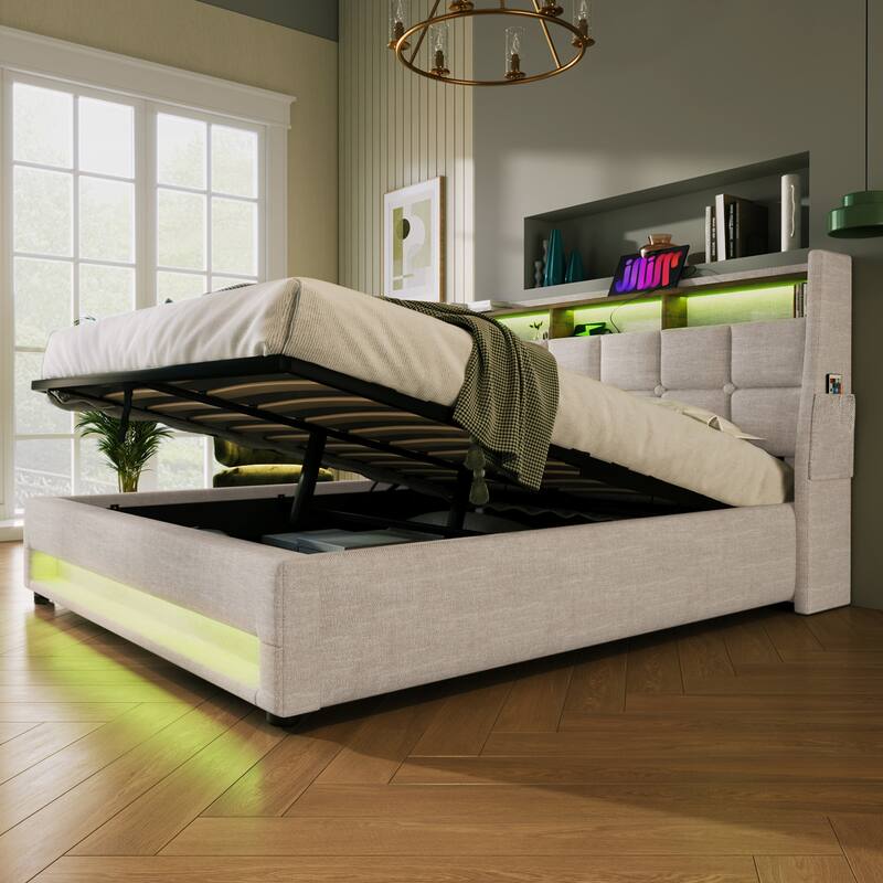 Natural Full Size Upholstered Platform Bed with Hydraulic Storage System, LED and USB Charging