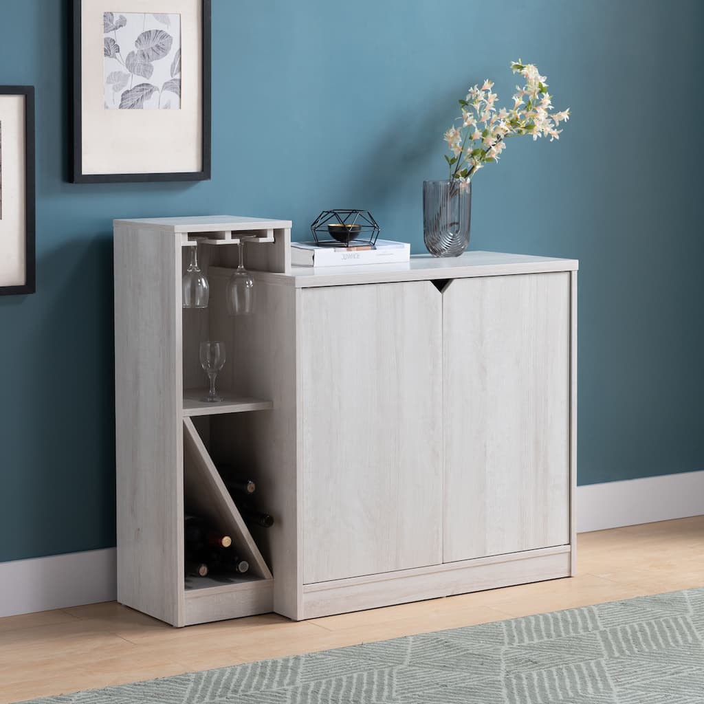 Wood Bar Cabinet with Removeable Wine Rack and 2 Doors, White Oak