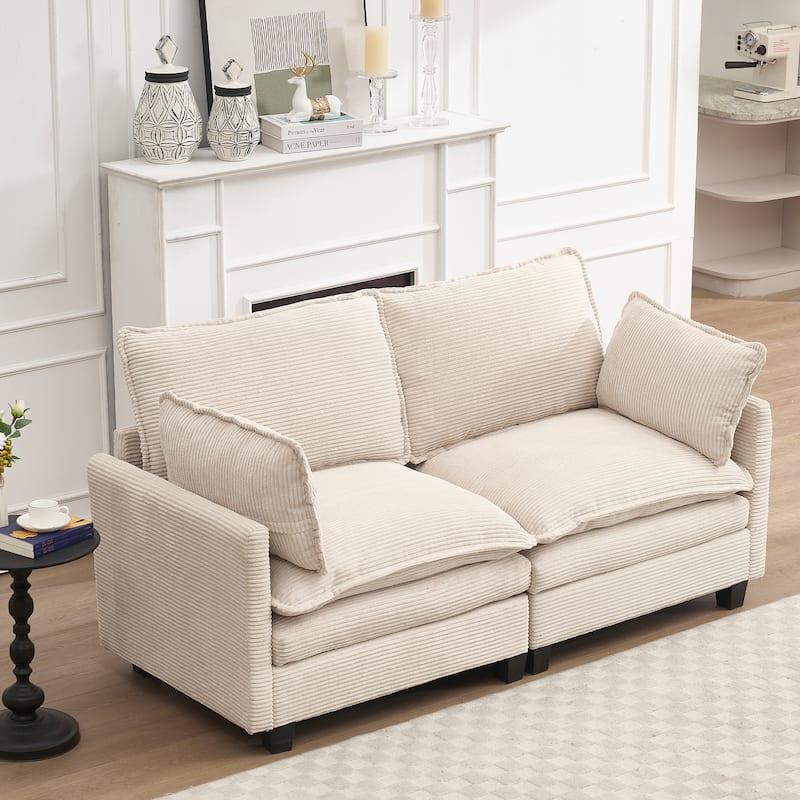 Corduroy Upholstered Loveseat Sofa Deep Seat Modular 2 Seater Couch with Double Cushions and 2 Lumbar Pillows for Living Room
