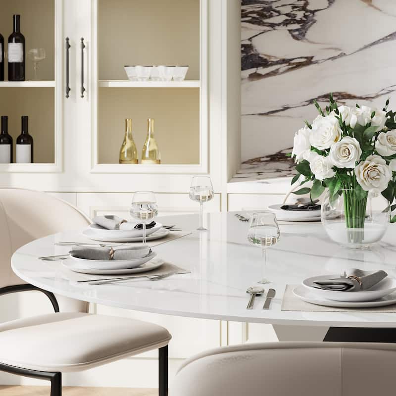 59" Modern Round Dining Table for 6-8, Glossy White Sintered stone Table top, Steel Grille column base