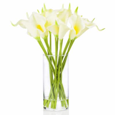 Enova Home Artificial Real Touch Calla Lily Fake Silk Flowers Arrangement in Clear Glass Vase with Faux Water for Decoration