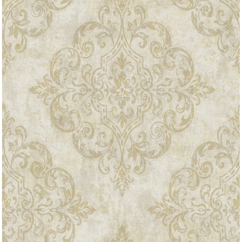 Seabrook Designs Atelier Damask Unpasted Wallpaper - 20.5 in. W x 33 ft. L - Metallic Gold and Light Taupe