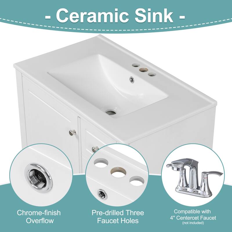 30" Bathroom Vanity with One Door, 3 Drawers, Ceramic Sink, and Soft-Close Hinges
