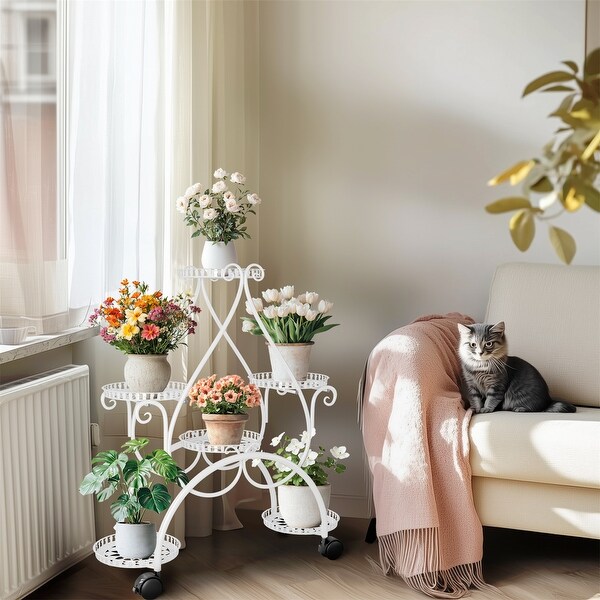 European White 6 Tiers Flower Stand with Rolling Wheels heart