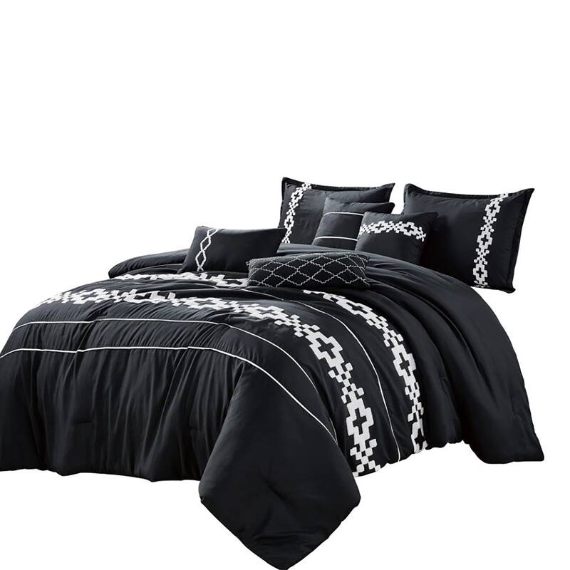 7 Piece Black White Boho Comforter Set Modern Embroidery Soft Bedding