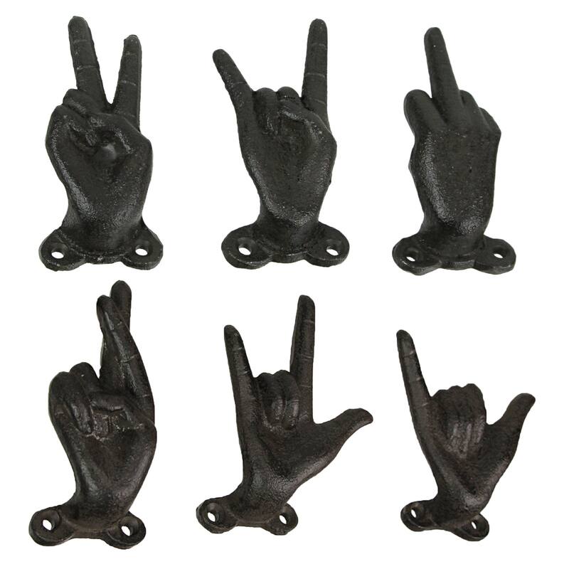 Set Of 6 Cast Iron Hand Gesture Hooks Vintage Finish Hangers - 4.25 X 3.25 X 2 inches - Black