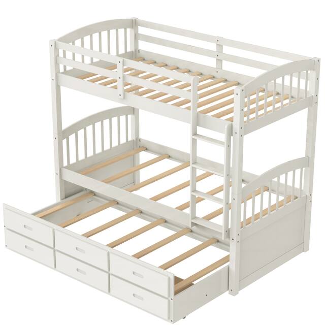 Contemporary Casual Style Twin over Twin Wood Bunk Bed with Trundle and Drawers, with High-quality Solid Wood for Bedroom
