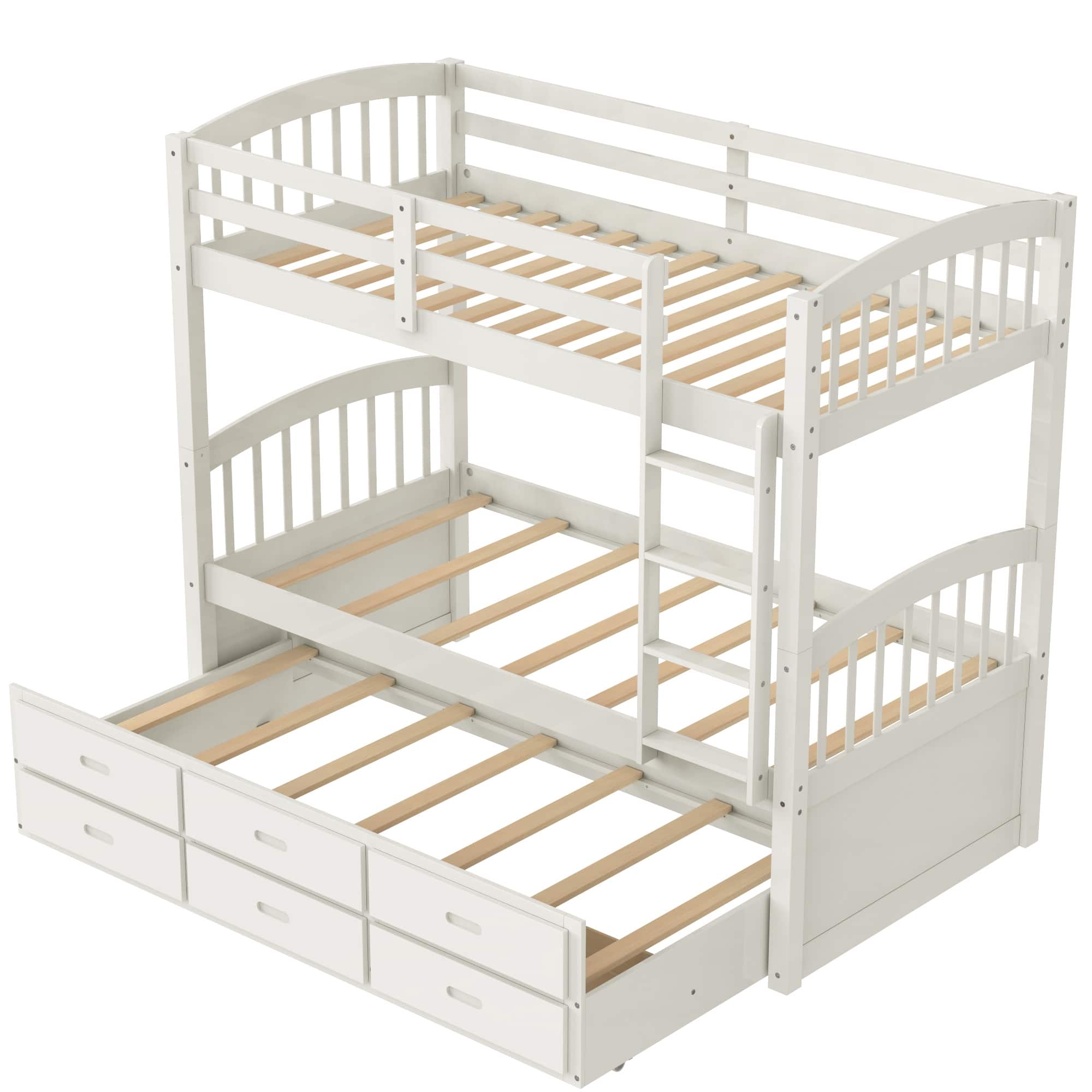 White Sturdy Twin over Twin Solid Wood Bunk Bed with Trundle, Drawers