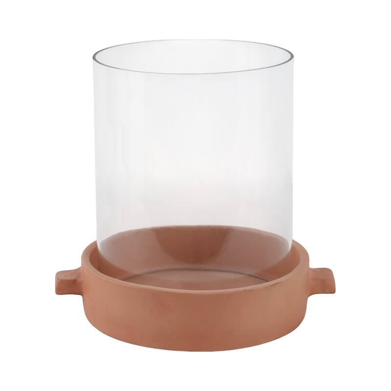 Modern Glass Hurricane Candle Holder with Terracotta Base - 10"
