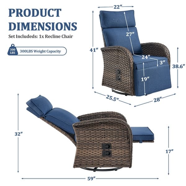 dimension image slide 2 of 15, Pocassy Reclining Patio Chair with Adjustable Backrest