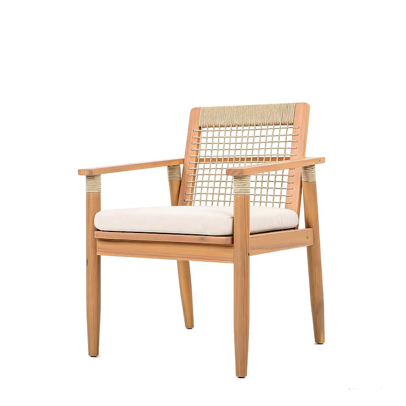 Christopher Knight Home - Caldera Outdoor Acacia Wood Patio Dining Chairs with Rope Woven Backrest and Cushions, Set of 2