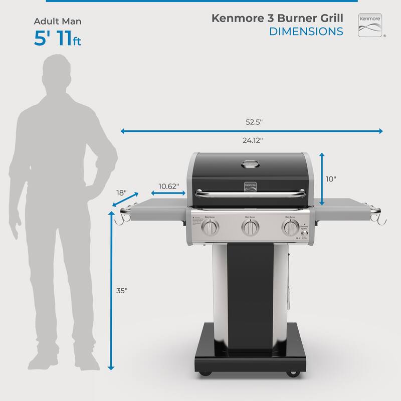 Kenmore 3-Burner Propane Gas Grill with Foldable Side Shelves