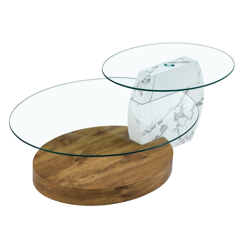 Contemporary Artistic Double Layer Coffee Table - White Marble and Wood Grain Collision